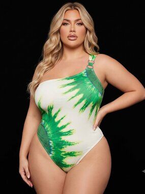 Trina Turk Tropical  One Shoulder Bathing Suite & Coverup Green Set Asymmetrical